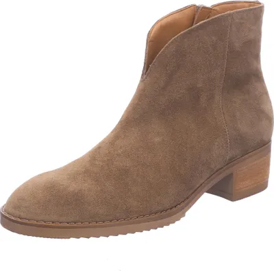 A single brown suede ankle boot is shown against a white background.