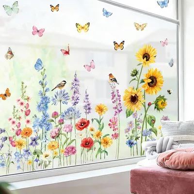 Produktbild von Fensteraufkleber mit Frühlingsmotiven von Schmetterlingen, Wildblumen und Sonnenblumen