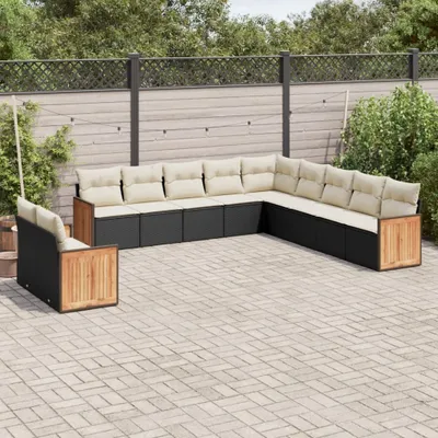 Produktbild von Design 11-tlg. Garten-Sofagarnitur mit Kissen Schwarz Poly Rattan, Gartenmöbel-Sets 2024 Neu