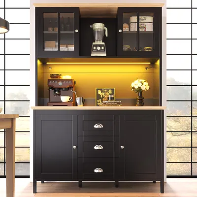 Image de Armoire haute Flieks avec LED, armoire de cuisine avec tiroirs et portes, buffet avec étagères réglables en hauteur, 120 x 40 x 179 cm, noir