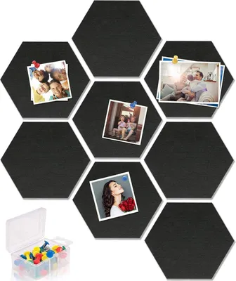 Produktbild von Sechseckige Filz-Pinnwandfliesen - Dekoratives Memoboard - 6 Stück - Schwarz - Selbstklebend