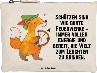 Produktbild von Mr. & Mrs. Panda Kulturtasche Schütze Astrologie Größe M - Weiß - Geschenk, Kulturbeutel, Geschenkidee, Tierkreiszeichen, Kosmetiktasche, Stoffbeutel, Sternzeichen