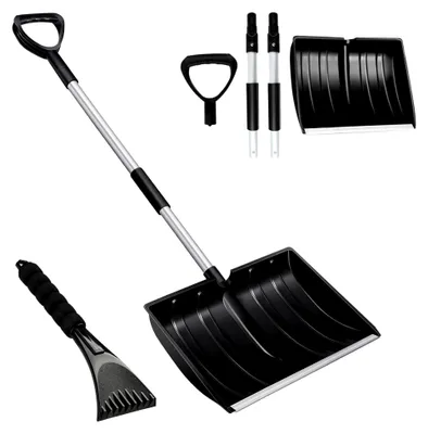 Produktbild von Schneeschaufel mit hohem Fassungsvermögen und ergonomischem Griff, tragbares und abnehmbares Schneeräumwerkzeug für Garten, Camping, Outdoor, Notfälle und Schneemannbauen – Schwarz