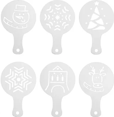 Six white coffee stencils with Christmas-themed designs arranged in two rows of three.