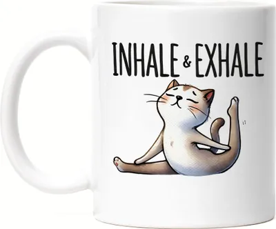 Produktbild von Inhale & Exhale Tasse Weiß Geschenkidee für Yoga-Fans und Katzenliebhaber