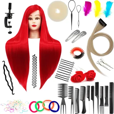 Productafbeelding van Set Trainingshoofd Ilsa 60 Rood, synthetisch haar + 80 accessoires + houder, kappersoefenhoofd, oefenhoofd