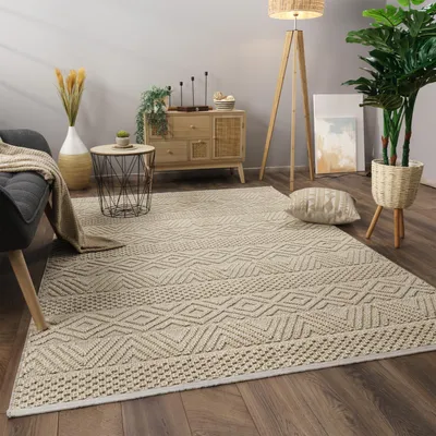 Produktbild von Teppich Wohnzimmer Kurzflor Skandi Boho Muster Geometrisch Einfarbig Grösse 200x280 cm