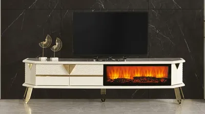 Immagine prodotto di Mobile TV moderno, bianco, con camino, spazioso, pratico, ideale per il soggiorno, confortevole, Immagine generata dall'IA