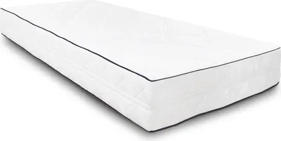 A white mattress with dark blue piping is shown on a white background.