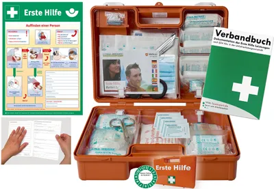 Produktbild von Verbandskoffer/Verbandskasten (M) -Paket 2- Erste Hilfe nach aktueller DIN 13157 für Betriebe -DSGVO- INKL. PERF. VERBANDBUCH + Aushang