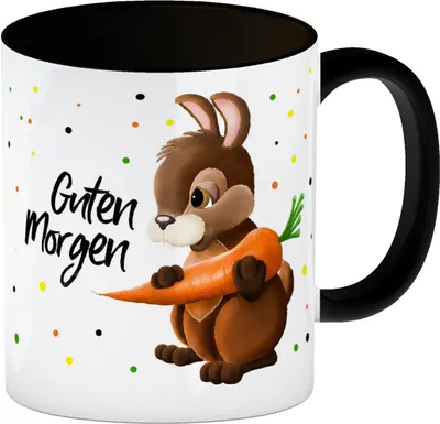 Produktbild von Guten Morgen Kaffeebecher Henkel und Innenseite Schwarz mit Hase Motiv