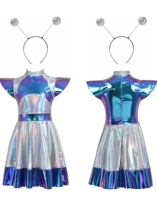 Two views of a child's alien costume, front and back, displayed on a white background.
