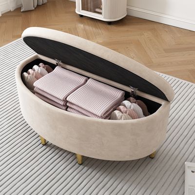 okwish Polsterbank mit Aufbewahrung, Polsterbank mit Aufbewahrungsbox aus Samt, Fußhocker mit Metallbeinen, geeignet für Flur, Wohnzimmer, Schlafzimmer, Beige (90 × 40 × 42 cm)