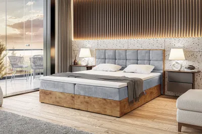 Produktbild von MEBLINI Boxspringbett mit Bettkasten - Gepolstert Doppelbett mit Matratze und Topper - Polsterbett mit Stauraum - Bett mit Kopfteil - Stauraumbett - LOFTY 1 - 200x200 - H4/Hellgrau Samt