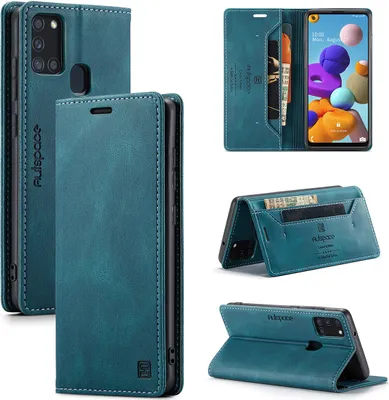 Produktbild von Samsung Galaxy A21S Brieftasche Hülle, Retro Kunstledertasche Stand Schutzhülle für Samsung Galaxy A21S Blau