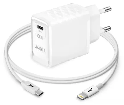 Zdjęcie produktu dla Zasilacz USB / USB-C 20W + kabel Lightning, Akashi - Biały
