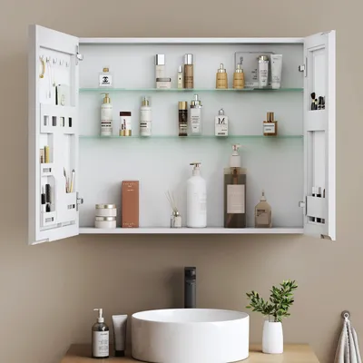 Produktbild von EMKE Spiegelschrank Mattweiß Doppeltür 65x80x14,5 cm Wandmontage mit Aufbewahrung & Verstellbarem Stahlglas Regal Ideal für Badezimmer Organisation