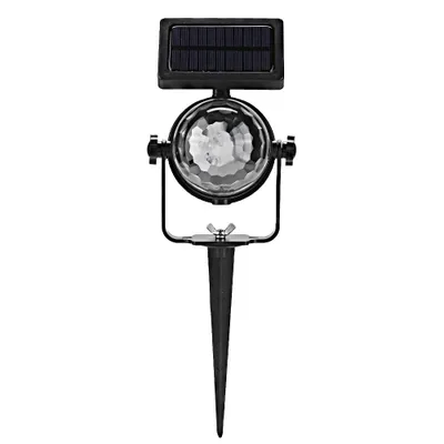 A solar-powered LED light projector with a stake for outdoor use.