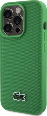 A green iPhone case with a textured surface and the Lacoste logo.