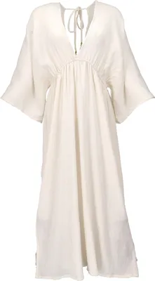 Produktbild von Boho Sommerkleid, Luftiges Langarm-Baumwollkleid mit Tiefem Ausschnitt, Maxikleid, Kaftan - Cremeweiß, Damen, Baumwolle, Kleider