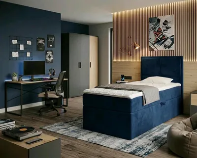 Produktbild von NORDELO Boxspringbett MODERNO 120x200 cm AMOR Velvet Dunkelblau Komplett-Set gepolstertes Einzelbett mit Stauraum, Matratze und 4 cm Visco-Topper, Bonellfederkernmatratze, T30-Schaum