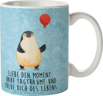Produktbild von Mr. & Mrs. Panda Becher Pinguin Luftballon - Eisblau - Geschenk, Kaffeetasse, Tasse, Kaffeebecher, Fröhlich, Motivation, schöne, haferl, Liebe