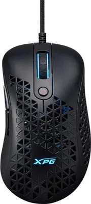 A black gaming mouse with a triangular patterned body and blue LED accents.