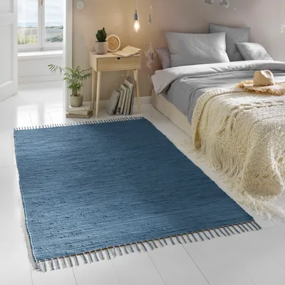 Produktbild von Flicken-Teppich 100% Baumwolle I Waschbarer Fleckerl mit Fransen I Esszimmer Küche Badezimmer Wohnzimmer Kinderzimmer | Blau
