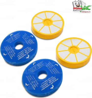 Four vacuum cleaner filters, two blue and two yellow, are arranged on a white background.
