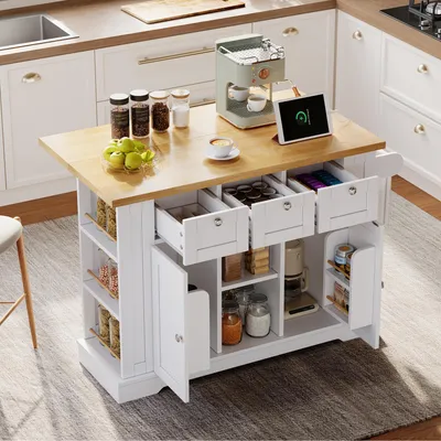 Productafbeelding van Mobiele keukentafel, 132 cm, landelijke stijl, met inklapbaar werkblad, lade, kruidenrek, handdoekhouder, 4 wielen, en een stopcontact.