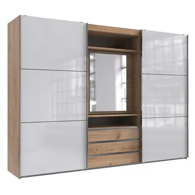 Produktbild von Schwebetürenschrank Eiche mit Glasfront weiß, inkl. Spiegel, MIDLAND-43