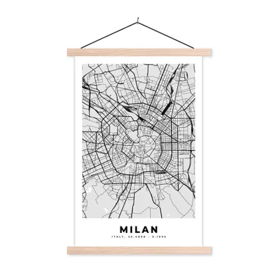Produktbild von MuchoWow® Textilposter Mailand - Stadtplan - Schwarz und weiß - Karte 60x90 cm mit holzfarbenen Rahmen - Textil