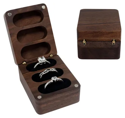 Imagen del producto de Caja de madera para anillos, con 3 compartimentos, de estilo vintage, ideal para guardar anillos de compromiso