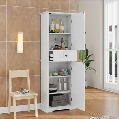 Immagine prodotto di MODFU, mobiletto alto da bagno con spazio contenitivo chiuso e 1 cassetto, design a due ante, mobile contenitore con maniglie nere, colore bianco