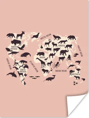 Produktbild von MuchoWow® Poster Weltkarte - Tiere - Rosa 120x160 cm - Wandbilder