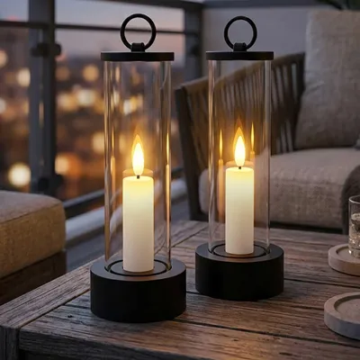 Image de Bougie LED d'extérieur en verre, fonctionnant sur piles, avec effet de flamme et minuterie - Lot de 2 - Bougie de table dans une lanterne 20 x 7 cm pour l'extérieur