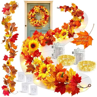 Produktbild von 2er Set Herbstgirlande mit Licht, 2x 2m Lichterkette mit Ahornblättern und Kürbissen, 8 Lichtmodi
