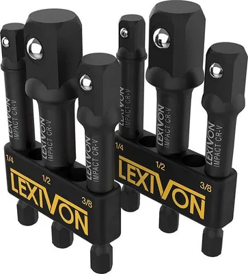 Imagen del producto de Adaptadores para llave de impacto Unyqoos® LEXIVON, juego de 2, con extensión de 3" y soporte, 3 piezas. Accionamiento de 1/4", 3/8" y 1/2". Acero cromo-vanadio, acabado fosfatado (LX-101X2)