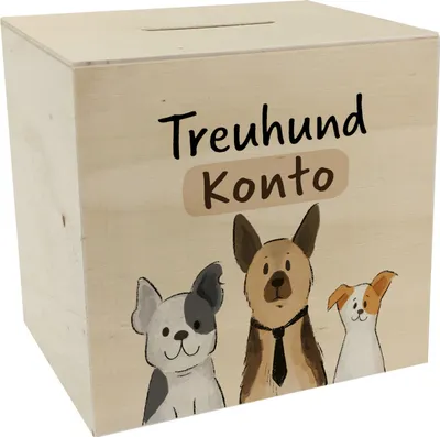 Produktbild von Hunde Spardose aus Holz mit Spruch Treuhundkonto