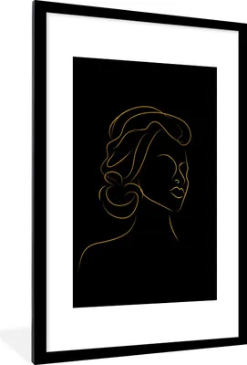 Produktbild von MuchoWow® Gerahmtes Poster Frau - Schwarz - Gold - Strichzeichnung 60x90 cm - Poster mit Schwarzem Bilderrahmen Wandposter Rahmen Foto Bilder - Dekoration - Wandposter Wohnzimmer - Hochwertig