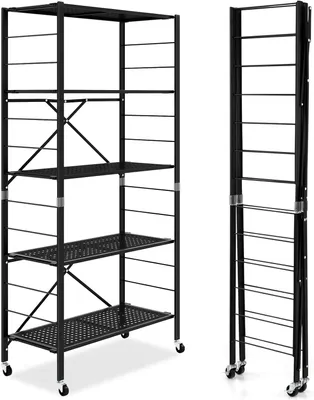 Produktbild von GOPLUS 5-stufiges Lagerregal aus Metall, Faltbares Metallregal mit Rädern & Verstellbarer Ablage, Multifunktionales Rollregal mit Metallgestell, für Küche, Wohnzimmer, Büro & Balkon, Schwarz