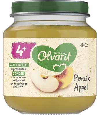 Produktbild von Olvarit Perzik Apfel Babybrei 125g – Fruchtiger Brei ab 4 Monate, glutenfrei, ohne Zucker