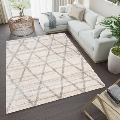 Produktbild von Teppich Wohnzimmer Schlafzimmer Meliert Modern Design Shaggy Hochflor Langflor Creme Grau  140 x 200 cm