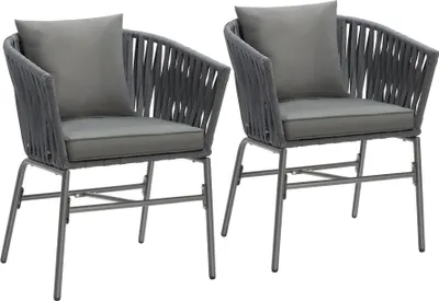 Produktbild von Tectake 2er Stuhlset Valeiras, Rope-Design Geflecht, Dunkelgrau, 60x61x77 cm, pulverbeschichteter Stahl, Polyethylen, Polypropylen, Polyester, 120 kg, extra dicke Polster, wasserabweisende & abnehmbare Bezüge, höhenverstellbare Füße