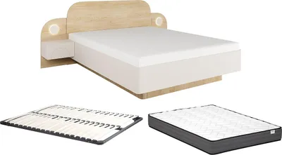 Produktbild von Bett 160 x 200 cm - Mit Nachttischen und LEDs - Beige und Naturholz + Lattenrost + Matratze - DARTAGNO