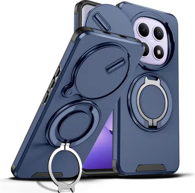 Immagine prodotto di Custodia a doppio strato per Xiaomi Redmi Note 15 5G/4G, con copertura scorrevole per fotocamera e supporto magnetico ad anello Blu