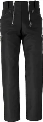 A pair of black trousers is shown against a white background.