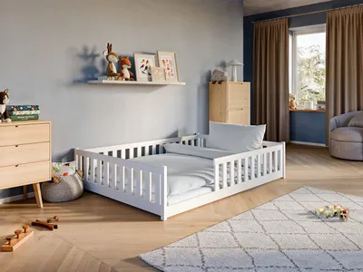 Produktbild von Detská posteľ Podlahová posteľ 140x200 cm Posteľ s ochranou proti vypadnutiu a lamelovým roštom Montessori posteľ Detská posteľ pre mládež | biely borovicový masív chlapec dievča