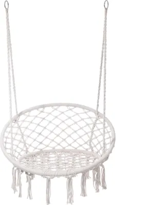 A white macrame hanging chair is shown against a white background.