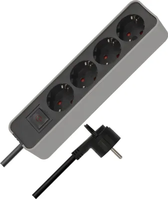 A black and gray power strip with a black plug and cable is shown against a white background.